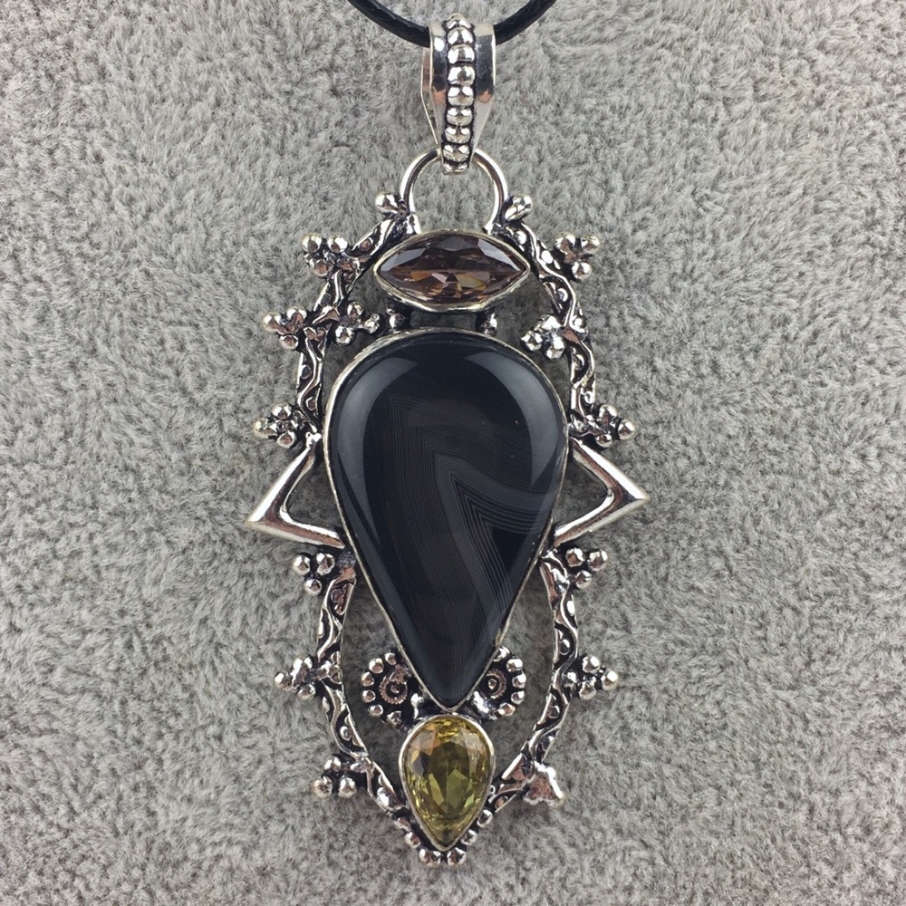 New Botswana Banded Agate Stone w Sim Citrine Silver Pendant Necklace